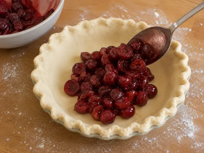 Cherry filling spooned into a pie crust.