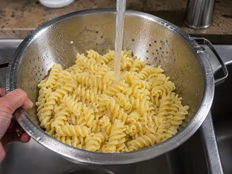 Cooked short pasta cooling in a colander before making chicken Caesar pasta salad.
