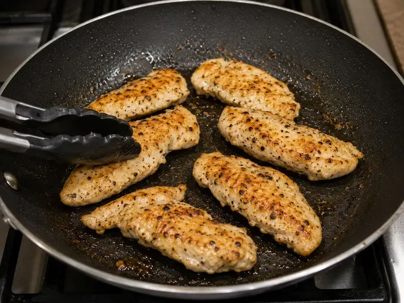Seasoned chicken cooking in a skillet until golden for chicken Caesar pasta salad.