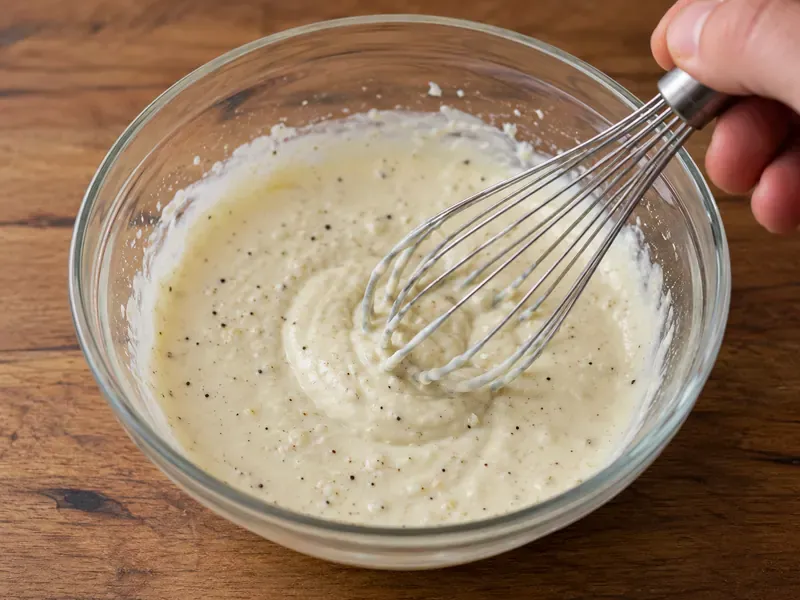 Greek yogurt Caesar dressing mixed in a bowl with lemon juice, parmesan, garlic, mustard, and seasonings.