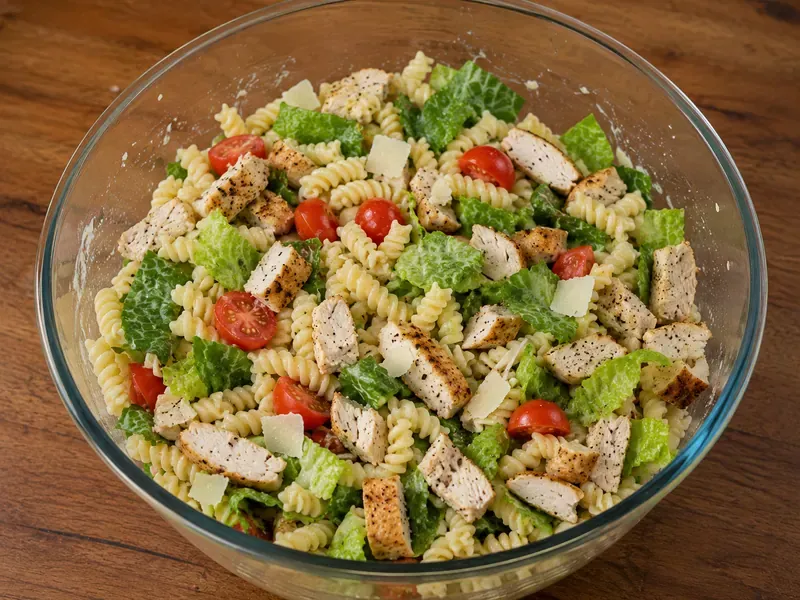 Pasta, chicken, romaine, parmesan, and tomatoes added to a bowl for chicken Caesar pasta salad.