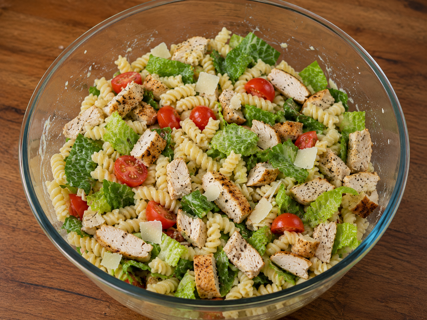 Pasta, chicken, romaine, parmesan, and tomatoes added to a bowl for chicken Caesar pasta salad.