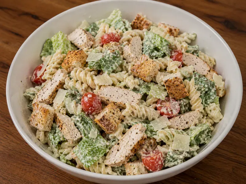 Finished chicken Caesar pasta salad with chicken, pasta, romaine, parmesan, creamy dressing, and croutons.