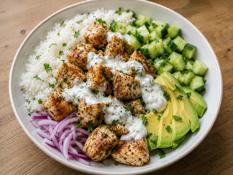 Chicken cucumber avocado bowl with seasoned chicken, rice, cucumber, avocado, red onion, herbs, and lime yogurt sauce.