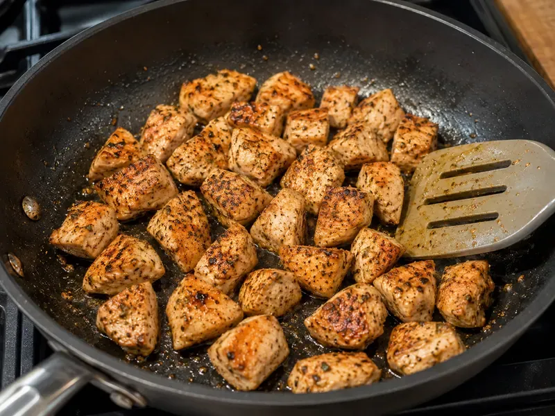 Chicken breast pieces cooking in a skillet until browned for a cucumber avocado bowl.