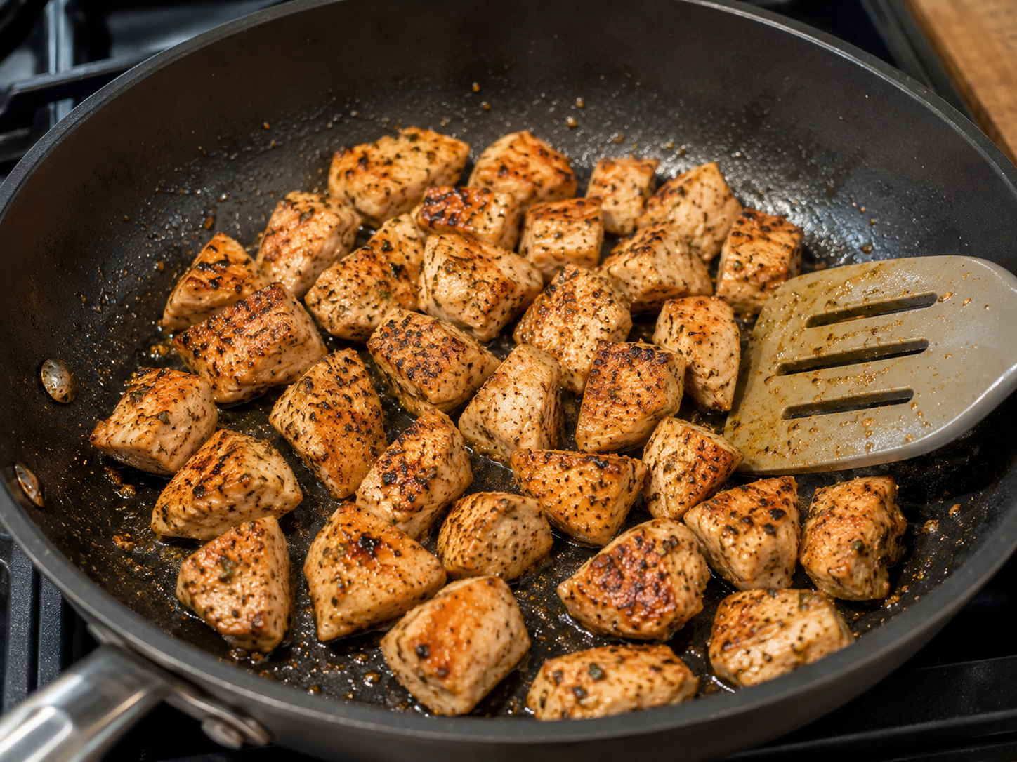 Chicken breast pieces cooking in a skillet until browned for a cucumber avocado bowl.