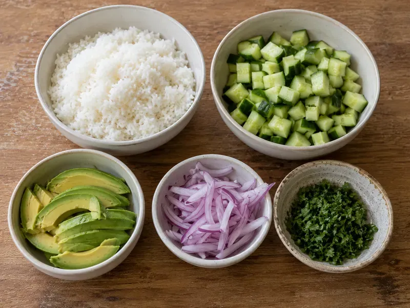 Rice, cucumber, avocado, red onion, and herbs prepared for a chicken cucumber avocado bowl.