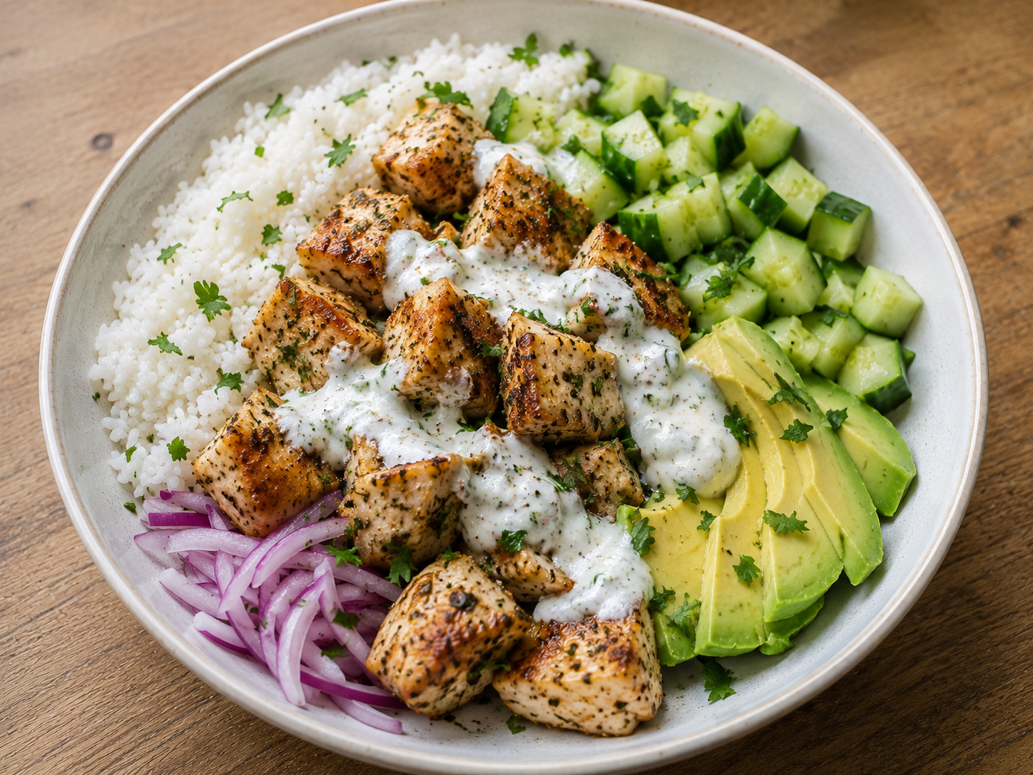 Finished chicken cucumber avocado bowl with chicken, rice, cucumber, avocado, red onion, herbs, and lime yogurt sauce.