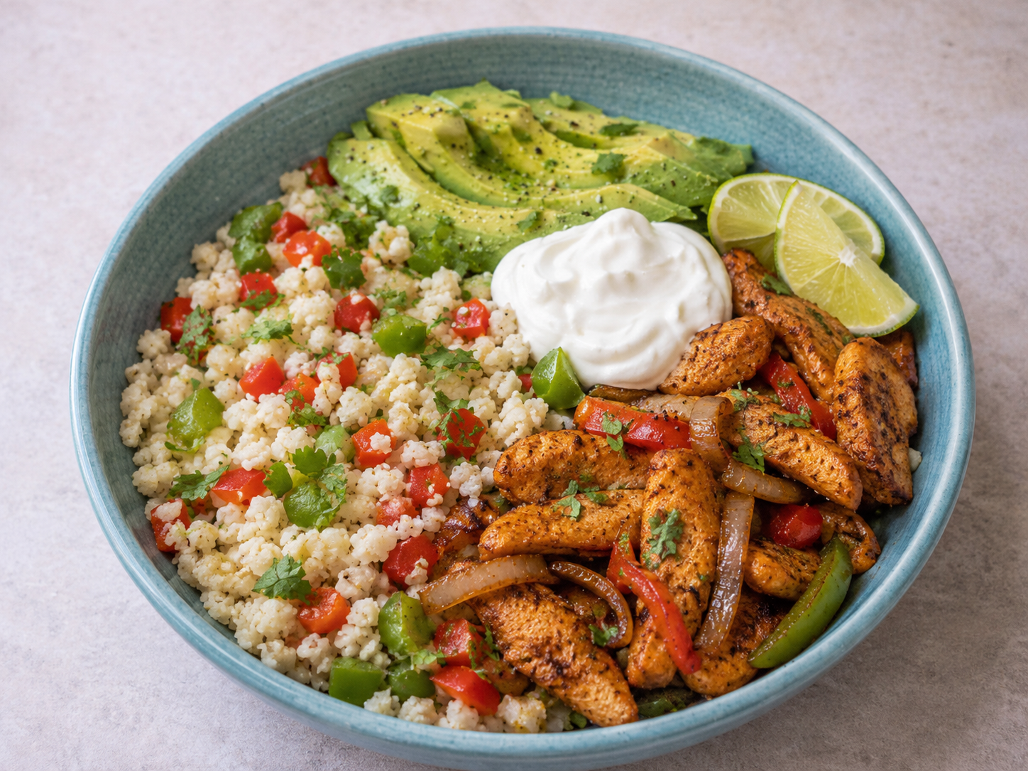 Chicken fajita cauliflower rice bowl with seasoned chicken, peppers, onions, avocado, cilantro, and lime.