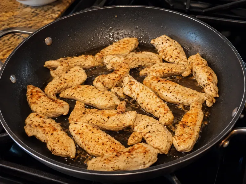 Seasoned chicken cooking in a skillet.
