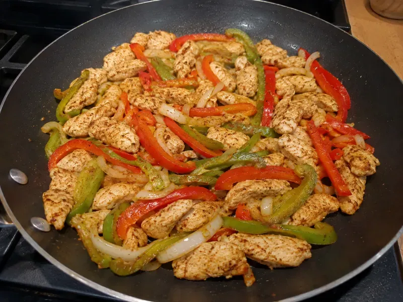 Chicken cooked with sliced bell peppers and onions in a skillet.