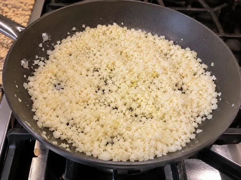 Cauliflower rice warming in a skillet.