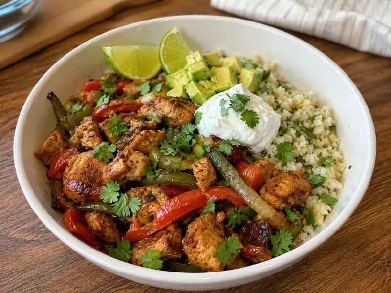 Finished Chicken Fajita Cauliflower Rice Bowl with chicken, peppers, onions, avocado, and lime.