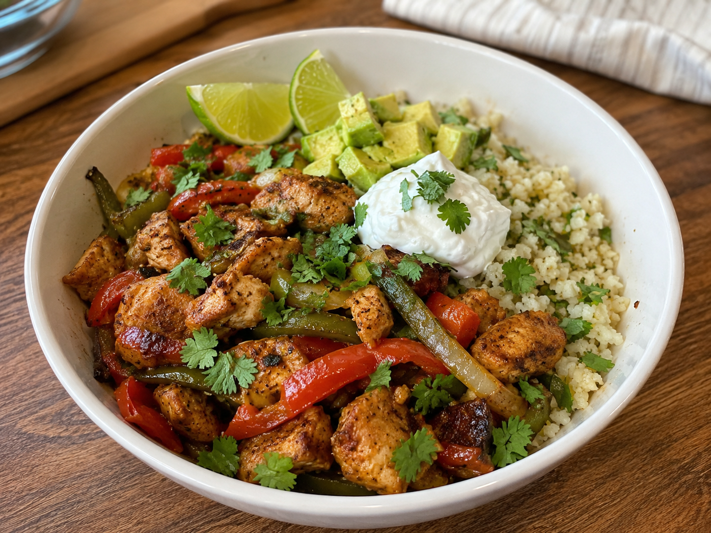 Finished Chicken Fajita Cauliflower Rice Bowl with chicken, peppers, onions, avocado, and lime.