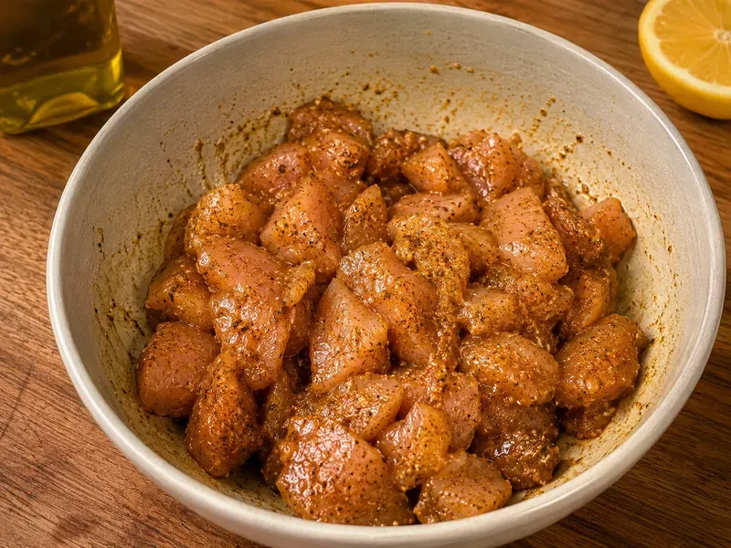 Chicken breast pieces coated with shawarma spices, olive oil, and lemon juice before cooking.