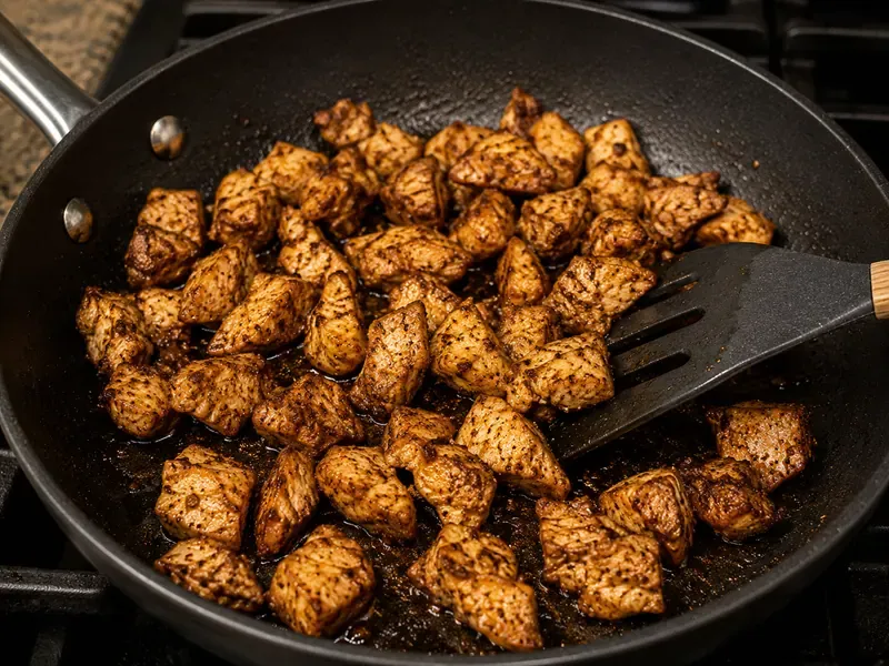 Shawarma-spiced chicken pieces cooking in a skillet until browned and cooked through.