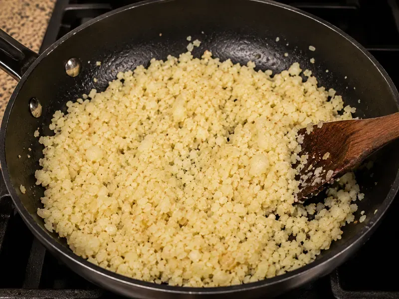 Cauliflower rice cooking in a skillet with olive oil and salt for chicken shawarma protein bowls.