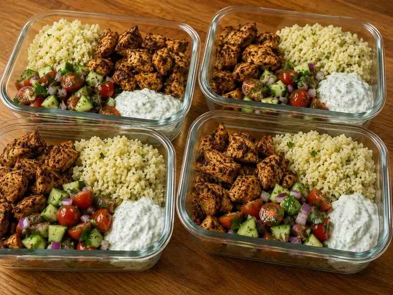 Finished chicken shawarma protein bowls with cauliflower rice, spiced chicken, cucumber tomato salad, parsley, and garlic yogurt sauce.