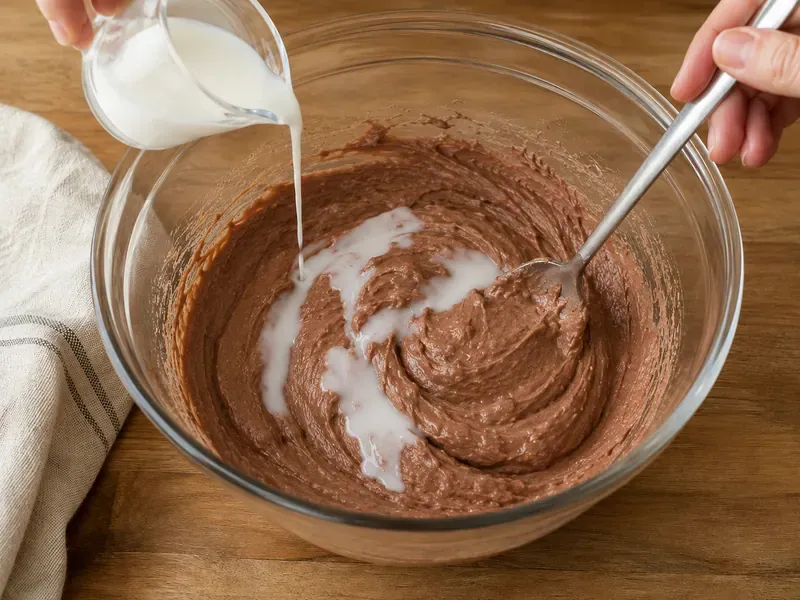 Milk stirred into thick chocolate peanut butter protein yogurt to adjust the texture.