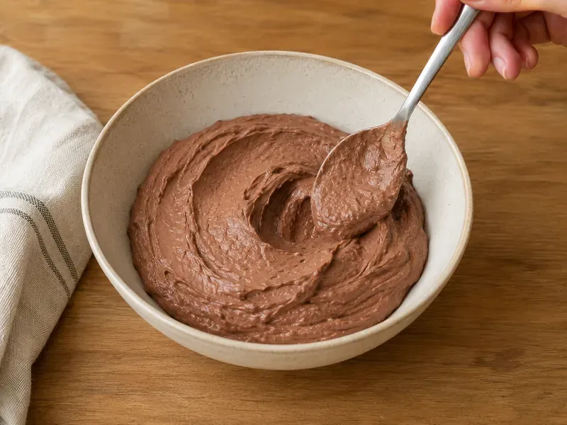 Chocolate peanut butter protein yogurt mixture spooned into a serving bowl.