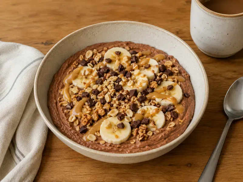 Finished Chocolate Peanut Butter Protein Yogurt Bowl ready to serve.