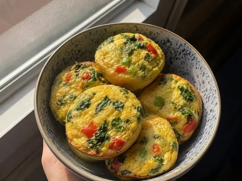 Woman holding a plate of cottage cheese egg bites with spinach, red bell pepper, green onion, and cheddar.