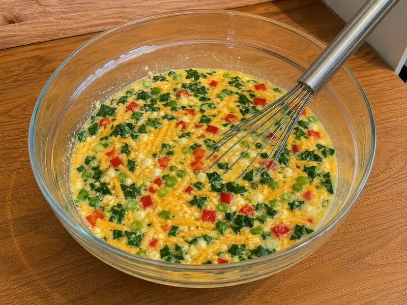 Cheddar, spinach, red bell pepper, and green onions stirred into the egg bite mixture.