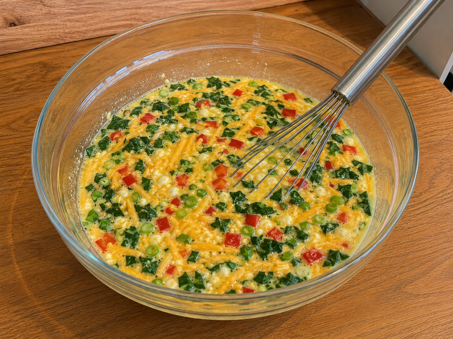 Cheddar, spinach, red bell pepper, and green onions stirred into the egg bite mixture.