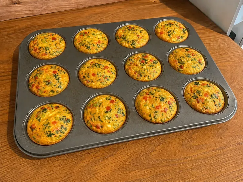 Baked cottage cheese egg bites cooling with visible spinach, red bell pepper, green onion, and cheddar.