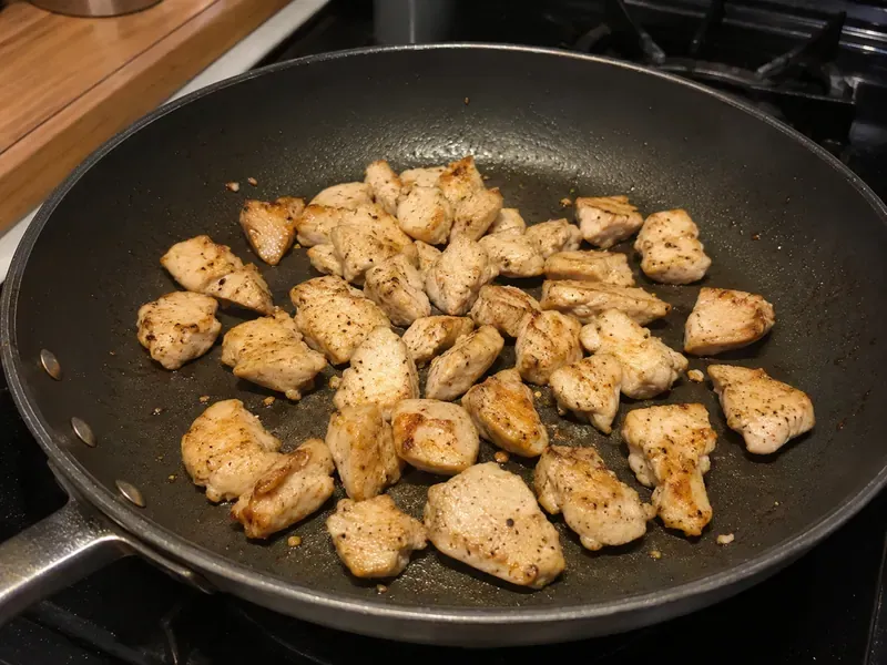 Chicken pieces cooking in a skillet until lightly golden and cooked through.