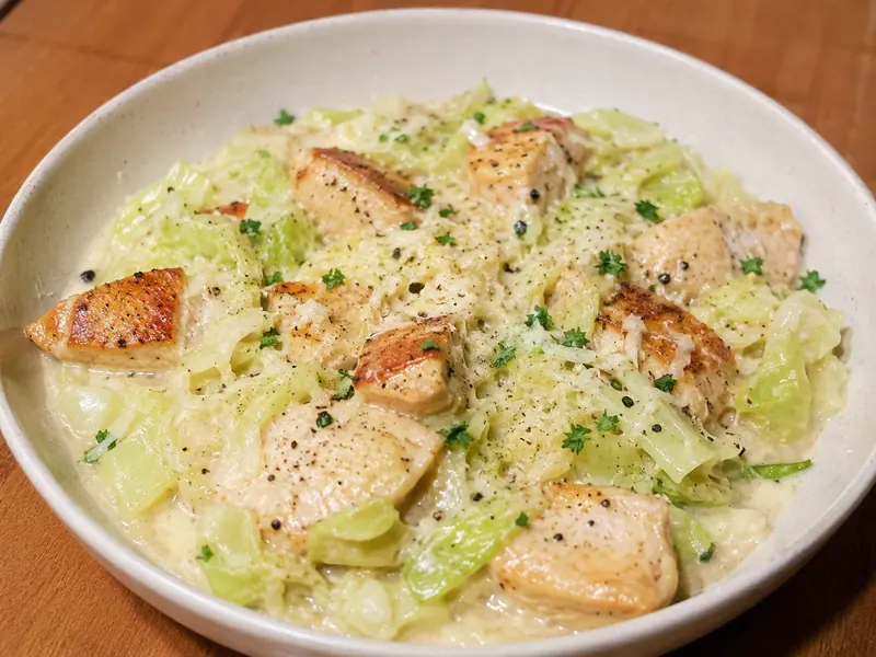 Finished creamy cabbage Alfredo with chicken in a skillet or bowl with parmesan and parsley.