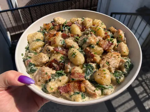 Creamy Chicken and Bacon Gnocchi with the recipe title at the top.