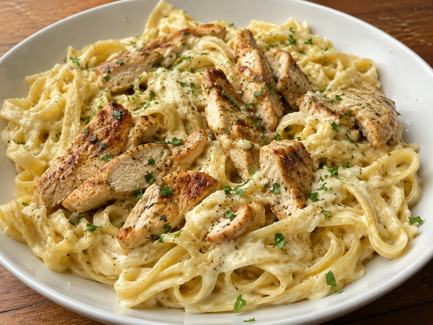 Creamy garlic chicken pasta served in a bowl with golden chicken pieces, Parmesan garlic sauce, parsley, and black pepper.