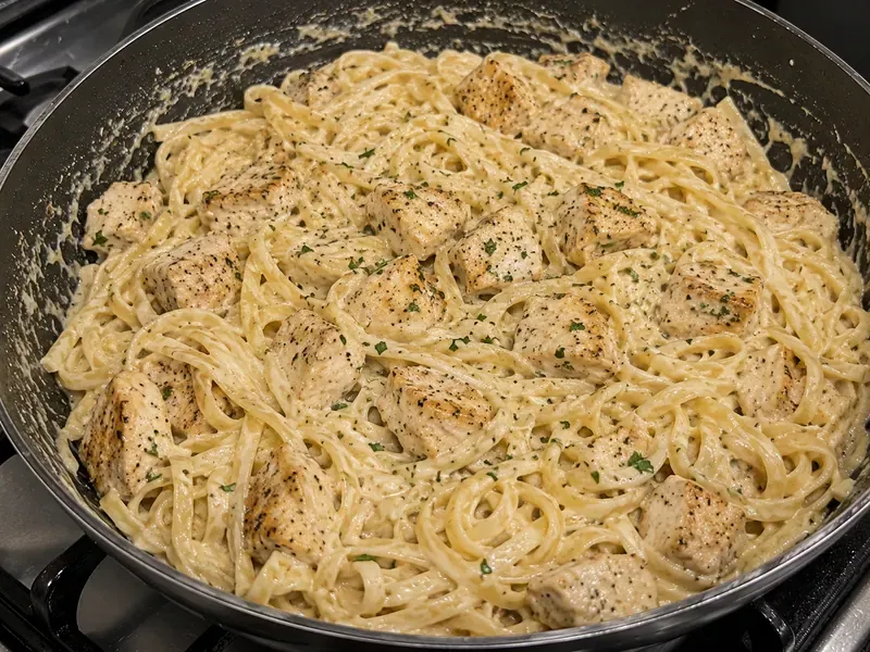 Pasta and golden chicken pieces tossed in creamy garlic Parmesan sauce in a skillet.