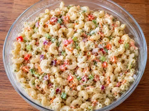 Creamy macaroni salad with elbow pasta, celery, red bell pepper, carrot, red onion, parsley, and creamy dressing.