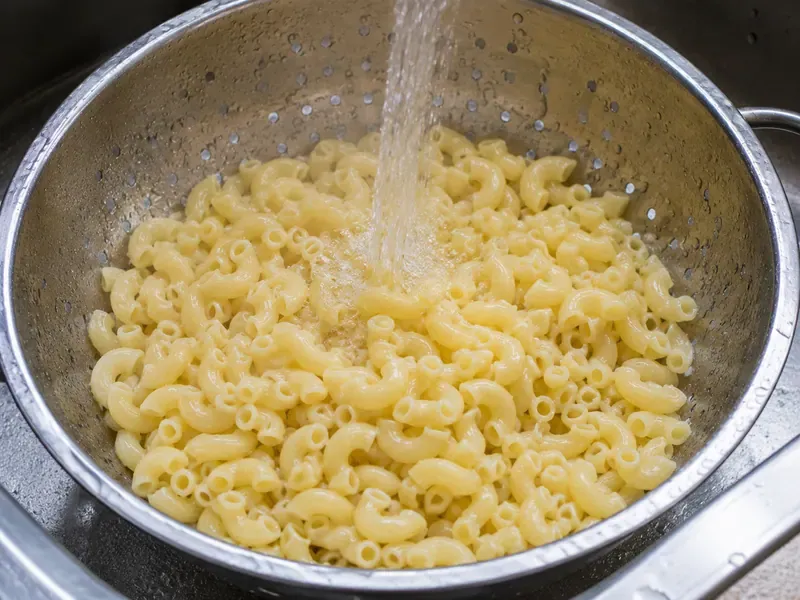 Cooked elbow macaroni cooling in a colander before making creamy macaroni salad.