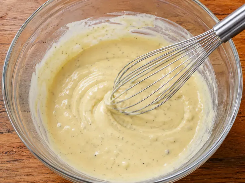 Creamy dressing mixed in a bowl with mayonnaise, relish, mustard, vinegar, salt, and pepper.