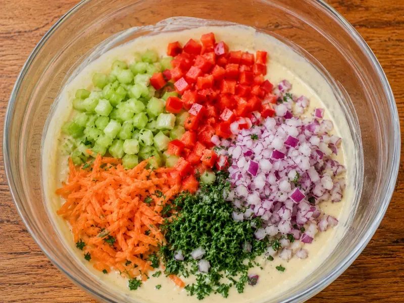 Celery, red bell pepper, carrot, red onion, and parsley added to creamy macaroni salad dressing.