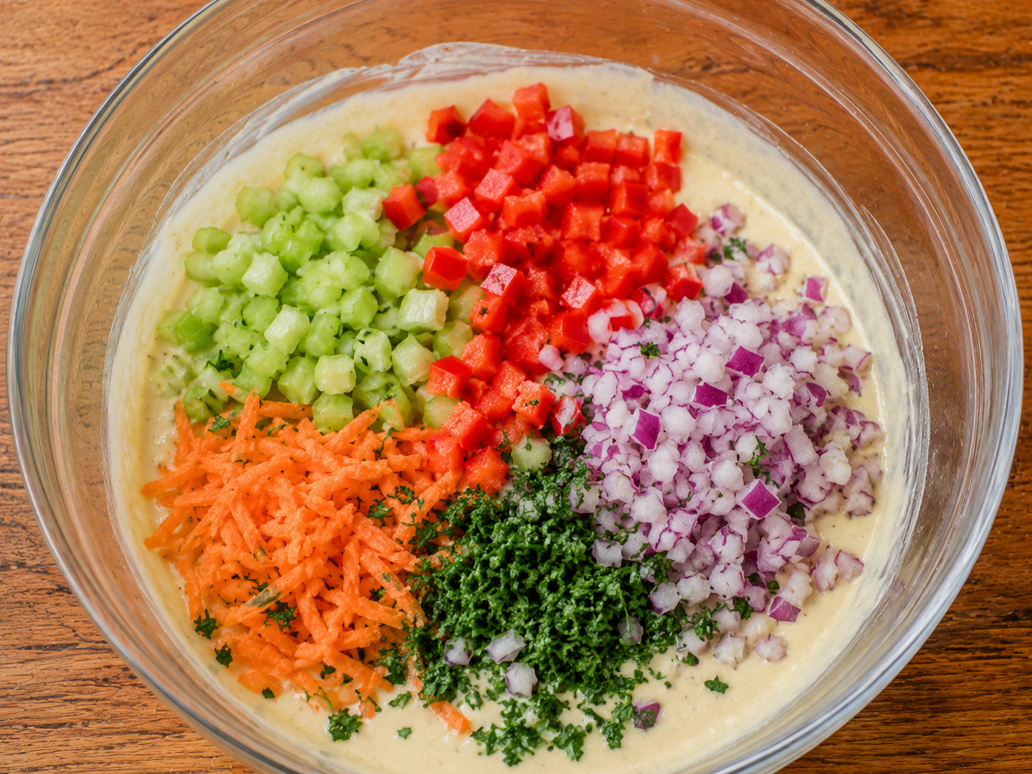 Celery, red bell pepper, carrot, red onion, and parsley added to creamy macaroni salad dressing.
