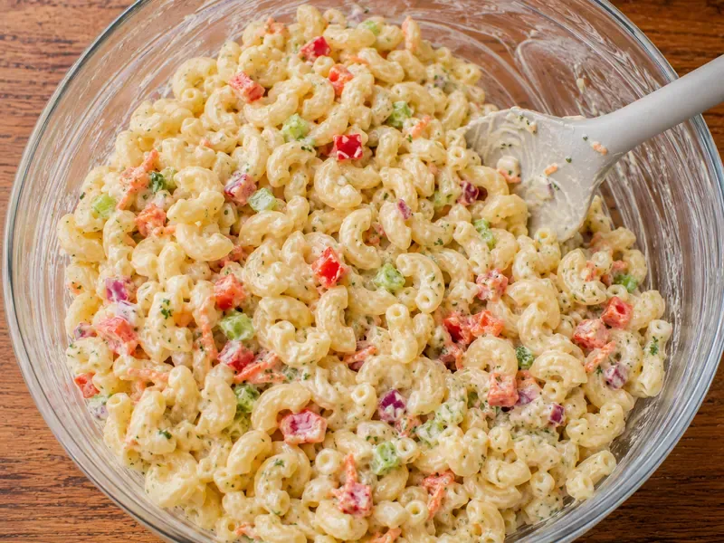 Elbow macaroni tossed with creamy dressing and vegetables in a large bowl.