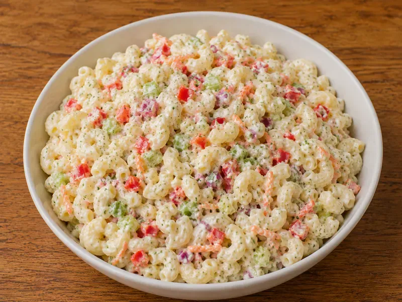 Finished creamy macaroni salad served in a bowl with elbow pasta, vegetables, parsley, and creamy dressing.