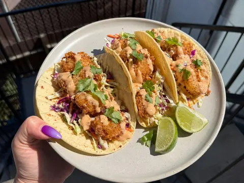 Crispy Bang Bang Shrimp Tacos with the recipe title at the top.