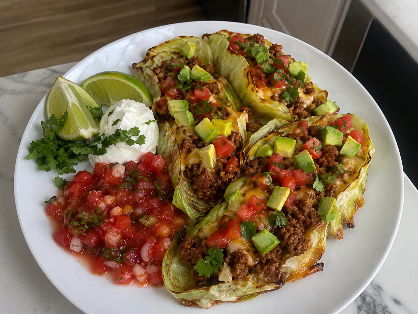 Crispy cabbage taco wraps filled with seasoned beef and cheese, served with salsa, avocado, tomatoes, cilantro, lime, and yogurt.