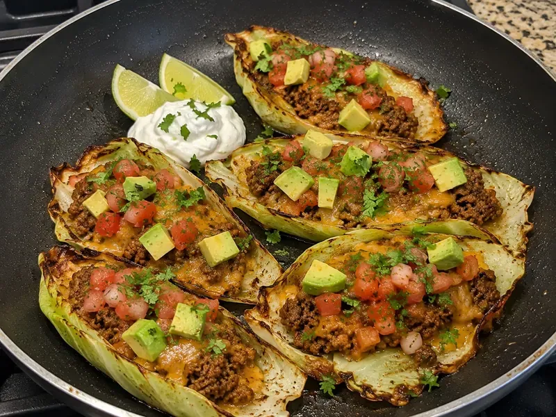 Finished crispy cabbage taco wraps with salsa, avocado, tomatoes, cilantro, lime, and yogurt.