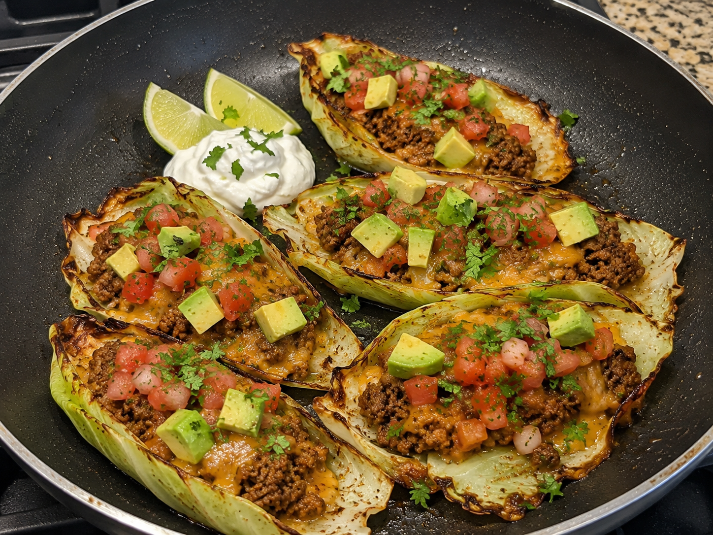 Finished crispy cabbage taco wraps with salsa, avocado, tomatoes, cilantro, lime, and yogurt.