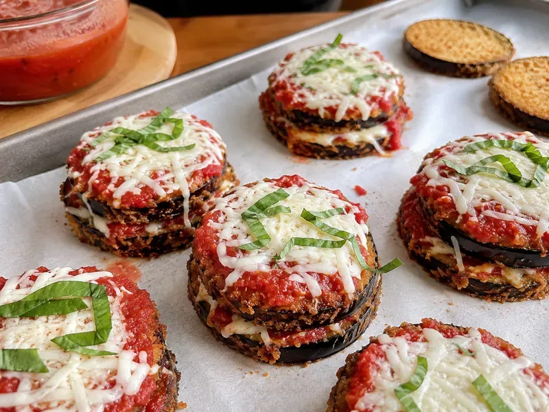Crispy eggplant rounds stacked with marinara, mozzarella, and basil before baking.