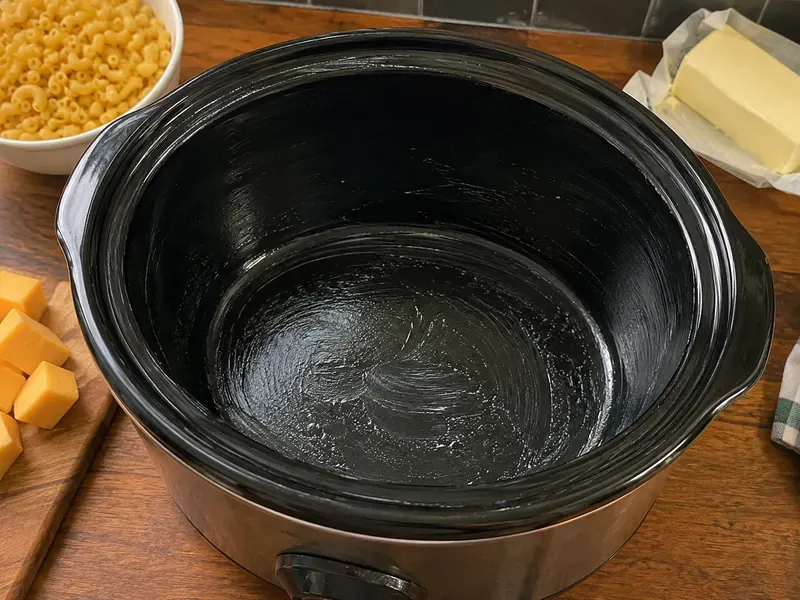 Slow cooker insert lightly greased and ready for macaroni and cheese.
