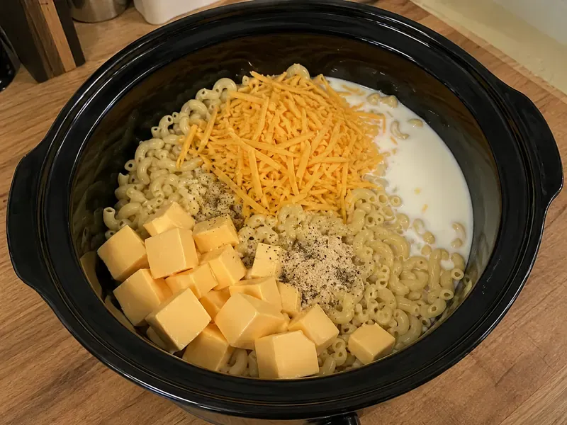 Macaroni, velveeta cubes, cheddar, milk, and seasonings in a crock pot.