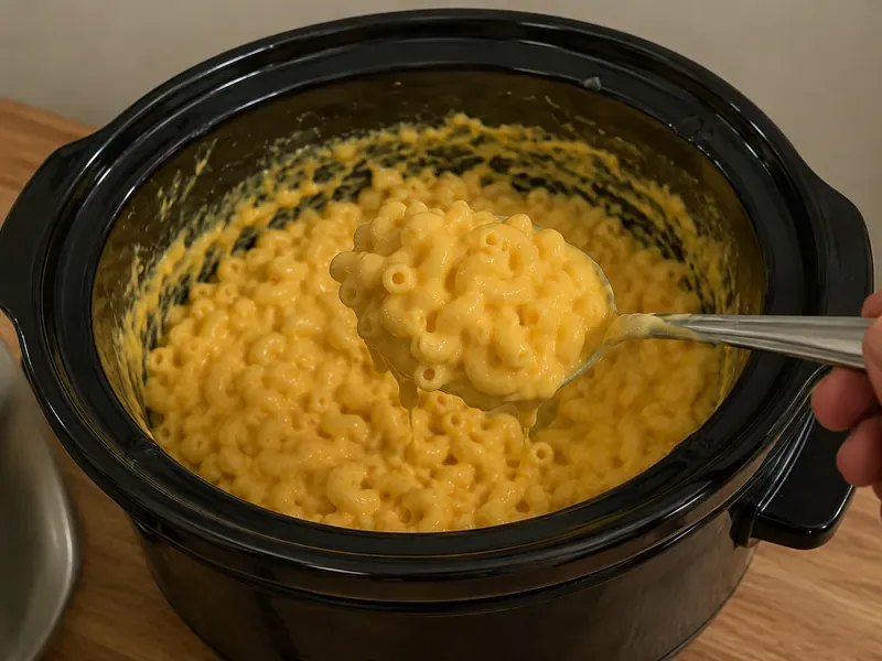 Finished crock pot macaroni and cheese with velveeta served from the slow cooker.