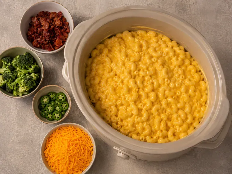 Mac and cheese variation ingredients like bacon, broccoli, jalapeños, and cheddar arranged beside a slow cooker.